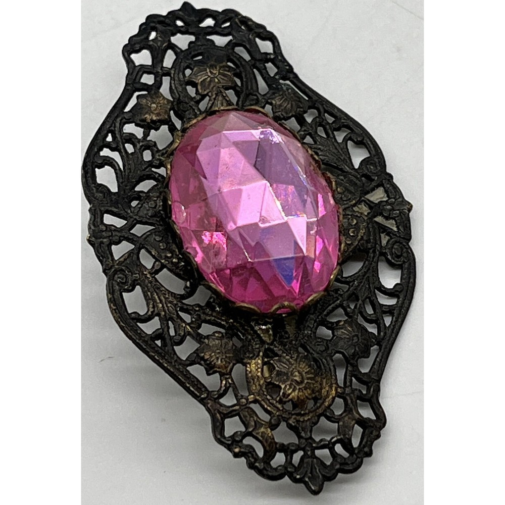 Old Metal Brooch Pin with Pink Glass Gem Brooch Is 3” X 2” , Gem Is 1” Long - Picture 4 of 10